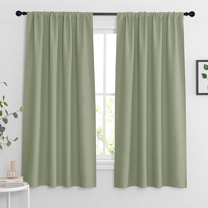 RYB HOME Blackout Curtains for Bedroom Living Room 63 inches Long, Thermal Insulated Privacy Rod Pocket Drapes for Nursery Office Home Theater, Width 34 by Length 63, Sage Green, 2 Panels
