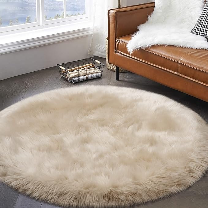 Tangsoo Round Faux Fur Rugs, Sheepskin Round Rugs 3ft, Soft Small Circle Rug, 3x3 Beige Fuzzy Plush Fur Rug, Shag Circular Rugs Floor Carpet for Bedroom, Kids Room, Nursery, Girls Room, Dorm