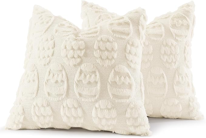 decorUhome Easter Cream White Egg Pillow Covers 20x20 Inch Set of 2, Soft Plush Faux Wool Jacquard Cushion Covers, Farmhouse Neutral Fuzzy Spring Easter Holiday Decor for Couch Sofa Bed