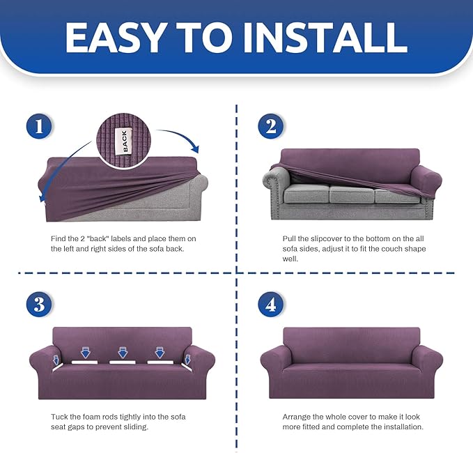 KEKUOU Stretch Oversized Sofa Slipcover 1 Piece Couch Sofa Cover (94"-110") Furniture Protector 4 Seater Sofa with Elastic Bottom for Kids,Pet.Jacquard Checked Pattern Fabric(X Large,Dark Purple)