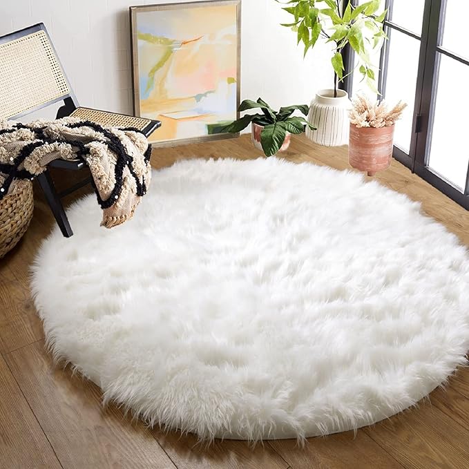ORINOVA White Round Rugs 6.6ft Large Faux Sheepskin Washable Fur Area Rugs for Living Room Circle Shag Rugs for Bedroom Boho Nursery Rug
