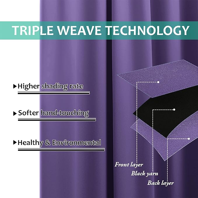 NICETOWN 100% Blackout Curtains with Black Liners, Thermal Insulated Full Blackout 2-Layer Lined Drapes, Energy Efficiency Window Draperies for Bedroom (Lilac Purple, 2 Panels, 62-inch W by 63-inch L)