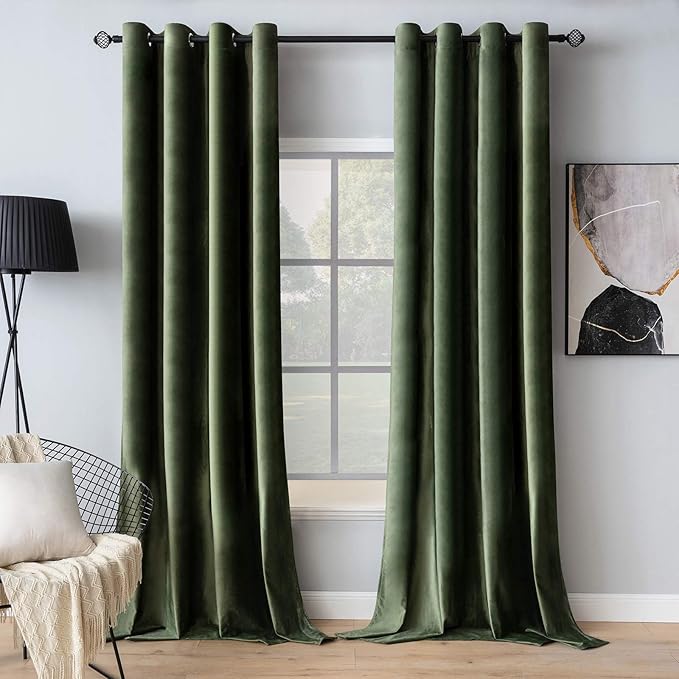 MIULEE Velvet Curtains Olive Green Elegant Long Grommet Curtains Black Out Thermal Insulated Soundproof Room Darkening Drapes for Classical Living Room Bedroom Decor 52 x 96 Inch Length 2 Panels Set