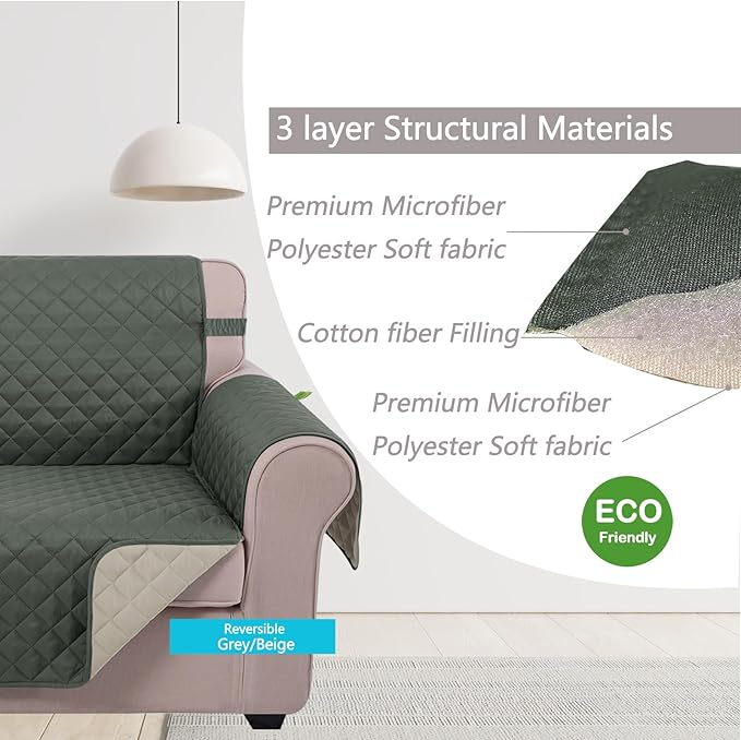 U-NICE HOME 4 Seater Sofa Cover 91 Inch Large Couch Covers for 4 Cushion Couch with Elastic Straps Water Resistant Furniture Protector Cover for Pets Cat (Sofa XX-Large, Grey/Beige)
