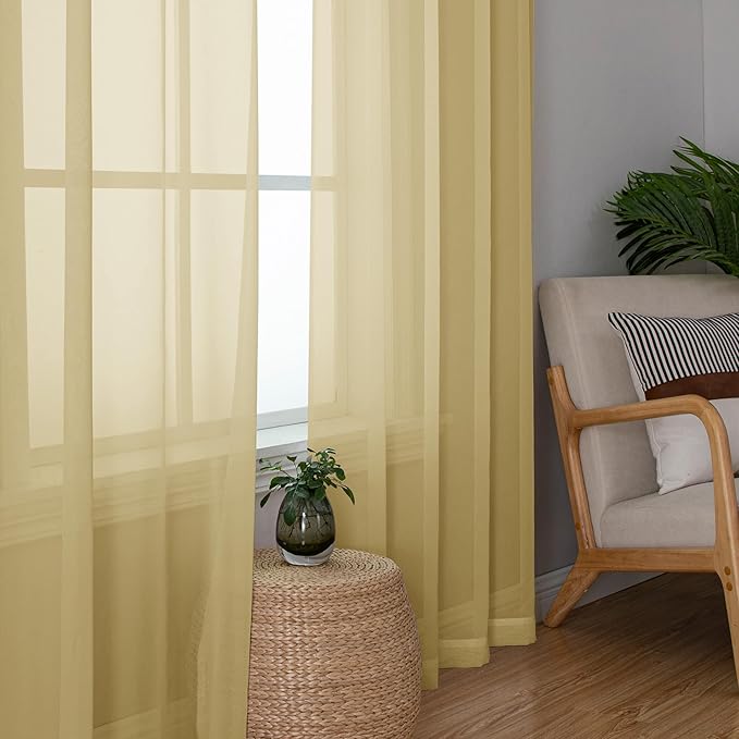 Simplebrand Gold Sheer Curtains 96 Inches Long 2 Panels, Light Filtering Rod Pocket Solid Color Window Sheer Curtain Panels, Elegant Curtains & Drapes for Living Room, Bedroom, 42" W x 96" L
