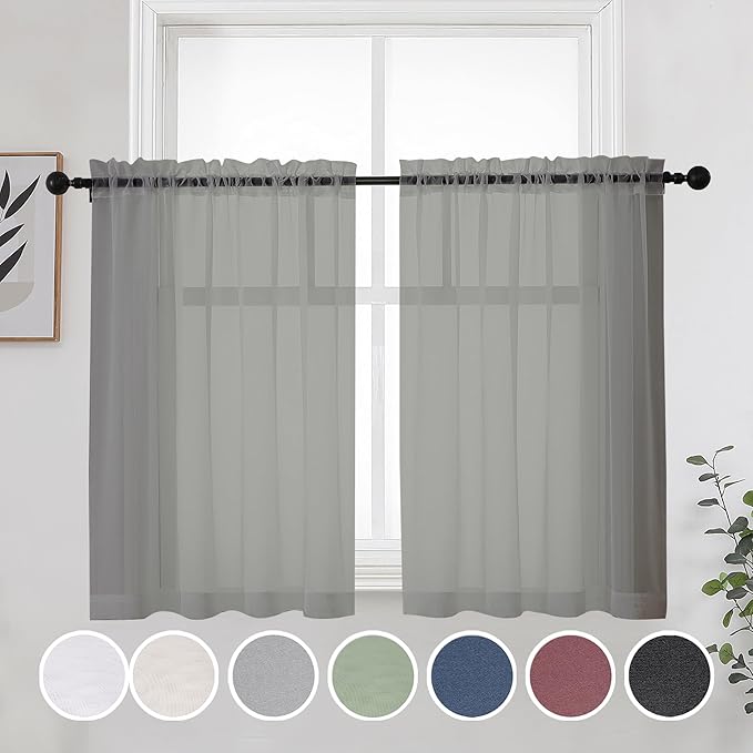 OWENIE Short Sheer Curtains 30 Inches 2 Panels Set, Kitchen Tiers Light Filtering Rod Pocket Cafe Curtains for Bathroom Small Half Window, 42 in W x 30 in L, Grey