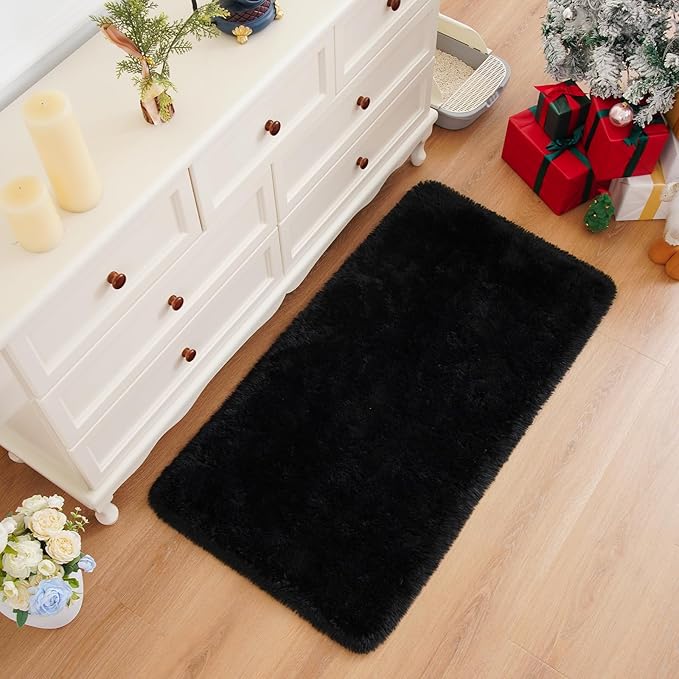 Amearea Shag Fluffy Small Rug, 2x4 Feet Throw Rugs for Bedroom Girls Living Room, Extra Soft and Fuzzy Shaggy Carpet, Non Slip, Solid Color Nursery Home Floor Decor Carpets, Black