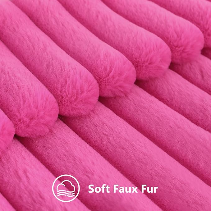 decorUhome Summer Cozy Faux Fur Throw Pillow Covers 24x24 Set of 2 Decorative Soft Plush Striped Modern Farmhouse Boho Couch Euro Sham Pillow Cases with Velvet Back for Sofa Bed Living Room, Hot Pink