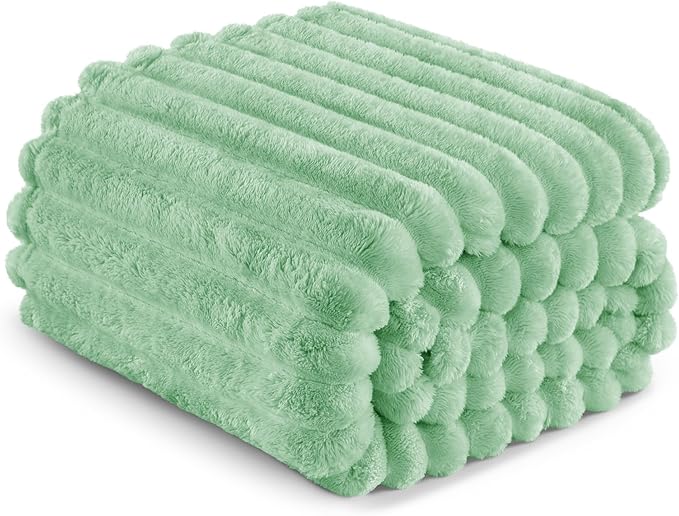Exclusivo Mezcla Twin Size Flannel Fleece Blanket, Super Soft Striped Jacquard Bed Blanket, Lightweight Fuzzy Cozy for All Seasons, 60x80 Inches, Sage Green