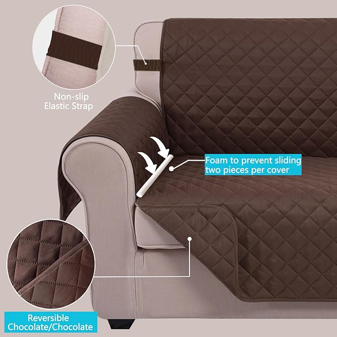 U-NICE HOME Reversible Oversized Chair Covers Quilted Water Repellent Pet Protectors with Elastic Straps(28''Armchair, Chocolate/Chocolate)