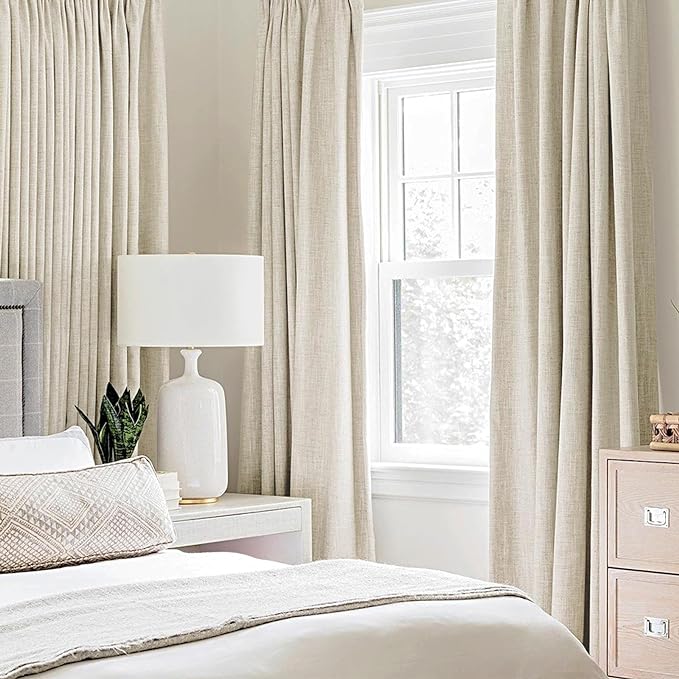 MIULEE 100% Blackout Linen Textured Curtains for Bedroom Solid Thermal Insulated Cream Grommet Room Darkening Curtains & Drapes Luxury Decor for Living Room Nursery 52 x 120 Inch (2 Panels)