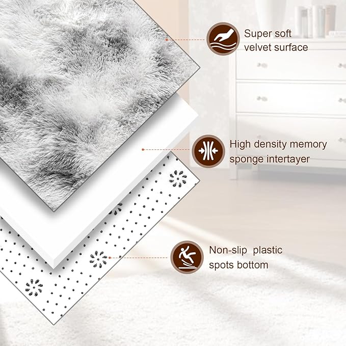 TWINNIS Super Soft Shaggy Rugs Fluffy Carpets 3x5 Feet, Indoor Modern Plush Area Rugs for Living Room Bedroom Kids Room Nursery Home Decor, Upgrade Anti-Skid Fuzzy Rug, Grey and White