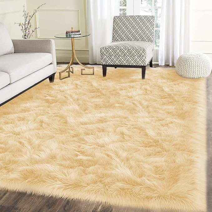 Latepis Rug for Living Room 6x8 Yellow Faux Fur Fluffy Rug Sheepskin Furry Rugs for Bedroom Shaggy Plush Rugs Home Décor, Rectangle