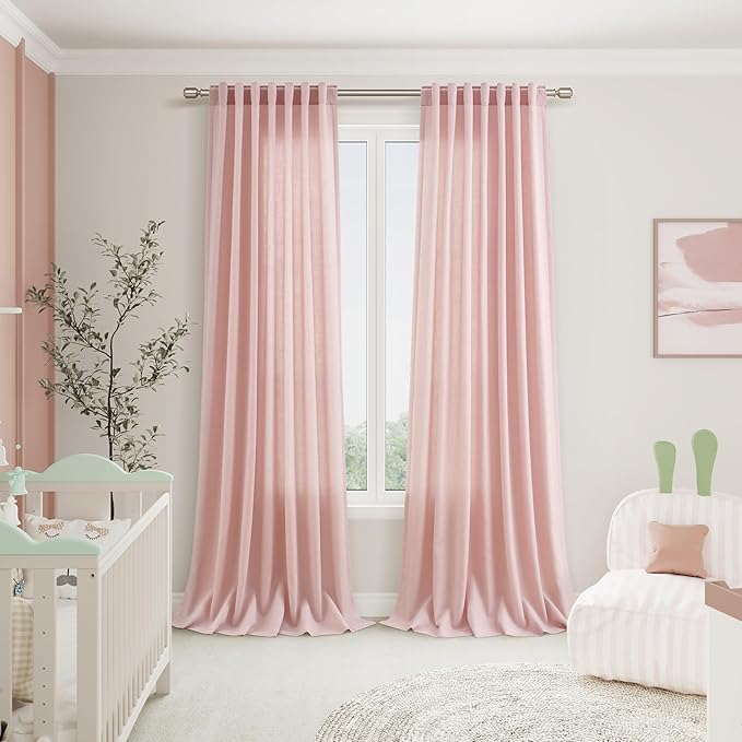 Nanspring Pink Linen Curtains 108 Inches Long for Baby Girl Bedroom 2 Panels Set Extra Long Back Tab Curtain Light Filtering Semi Sheer Pink Drapes Floor to Ceiling Curtains for Large Windows 52x108