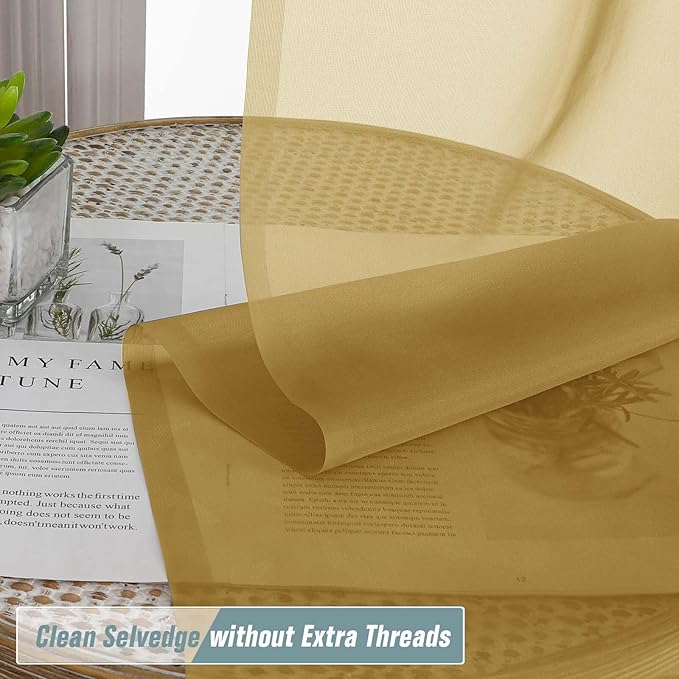 Gold Sheer Curtains for Window 72 inches Long 2 Panels Set, Soft Airy Modern Light Filtering Sheer Curtains for Living Room Bedroom, Dual Rod Pocket Solid Window Drapes, 2x42Wx72L inches