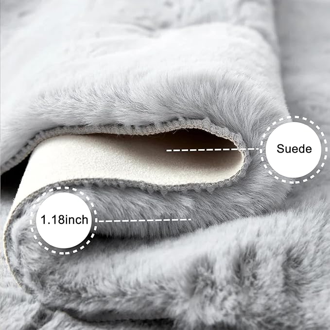 Ghouse Ultra Soft Faux Rabbit Fur Rug, Machine Washable Area Rugs for Bedroom Fluffy Rugs for Living Room, No-Shedding Carpet Sheepskin Runner Rugs Grey 2 x 8 Feet