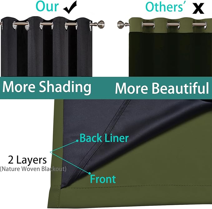 Yakamok 100% Blackout Curtains 84 Inches Long, 2 Thick Layers Heat and Full Light Blocking Soft Thermal Insulated Drapes for Bedroom(52" Wide Each Panel, Olive Green, 1 Panel)