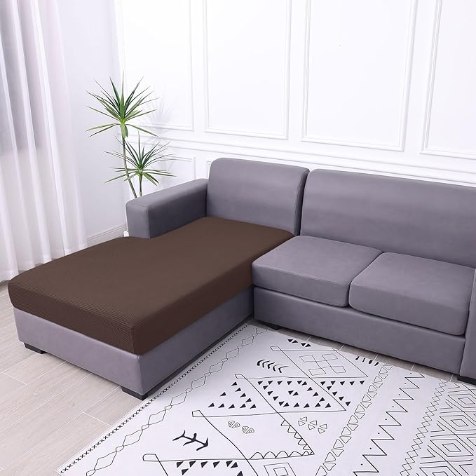 hyha Waterproof Couch Cushion Covers, Sectional Sofa Cushion Slipcovers L Shape, Thick Stretch Jacquard Fabric, Washable Chaise Lounge Cover with Elastic Bottom (1 Piece for Chaise, Brown)