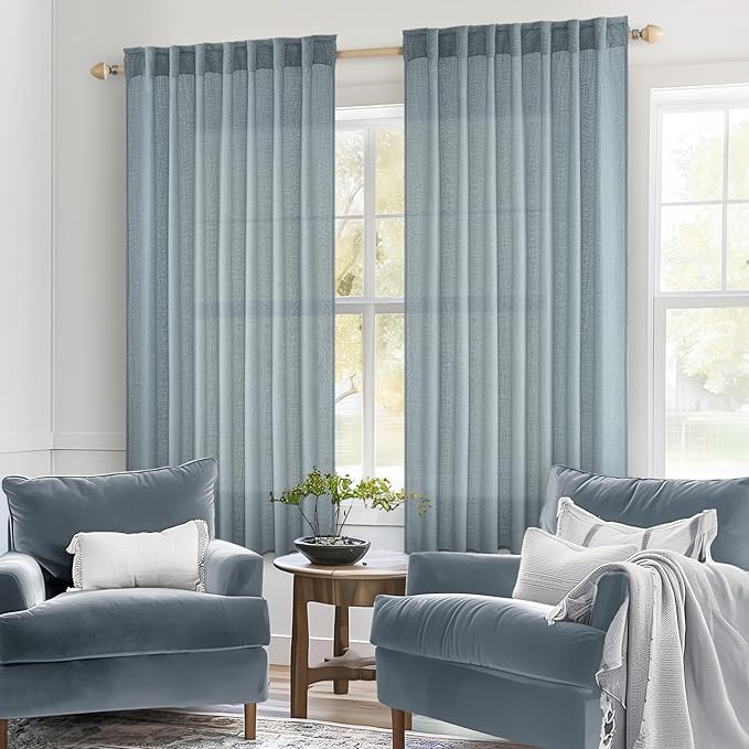 MIULEE Dusty Blue Short Linen Curtains 45 Inch Length 2 Panels for Kitchen Bedroom Bathroom, Soft Thick Linen Textured Basement Window Drapes Semi Sheer Light Filtering Back Tab Burlap Look Decor