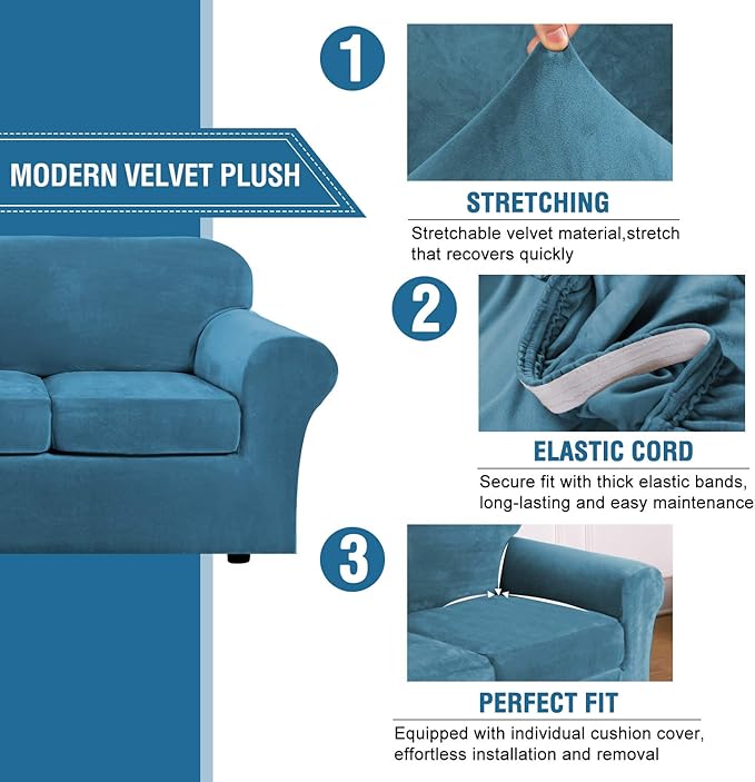 H.VERSAILTEX Rich Velvet Stretch 2 Piece Chair Cover Chair Slipcover Sofa Cover Furniture Protector Couch Soft with Elastic Bottom Chair Couch Cover with Arms Width Up to 49 Inch(Chair,Peacock Blue)