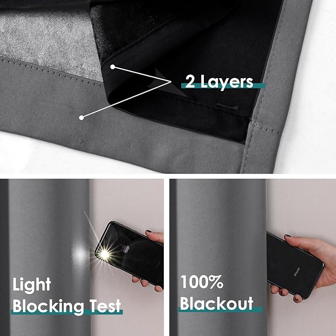 ChrisDowa 100% Blackout Curtains 102 inch Long for Bedroom with Black Liner, 2 Thick Layers Total Blackout Thermal Insulated Grommet Window Curtains 2 Panels Set (Grey, 52 x 102 Inch)