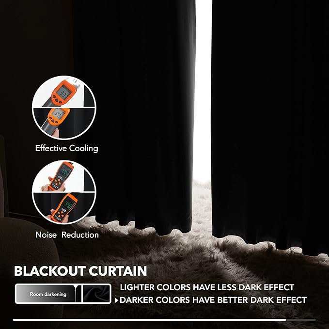 Deconovo Blackout Curtains, Thermal Insulated, W42 x L63 2 Panels, Back Tab, Machine Washable, Room-Darkening Drapes for Bedroom/Living Room Black