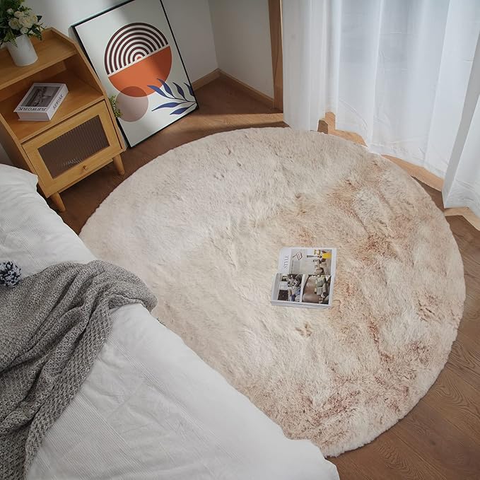 Ghouse Faux Rabbit Fur Round Rug 4ft Light Brown Beige Round Rugs for Bedroom Decor Fluffy Area Rugs for Living Room, no-Shedding Carpet Sheepskin Washable Rug Rome Decor