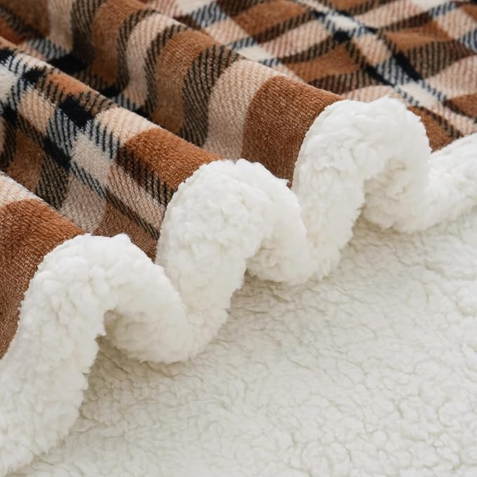 PU MEI Sherpa Fleece Throw Blanket 80" x 90" Reversible Plush Fluffy Large Big Blanket Lattice Flannel Blankets for All Season Use, Mocha Brown