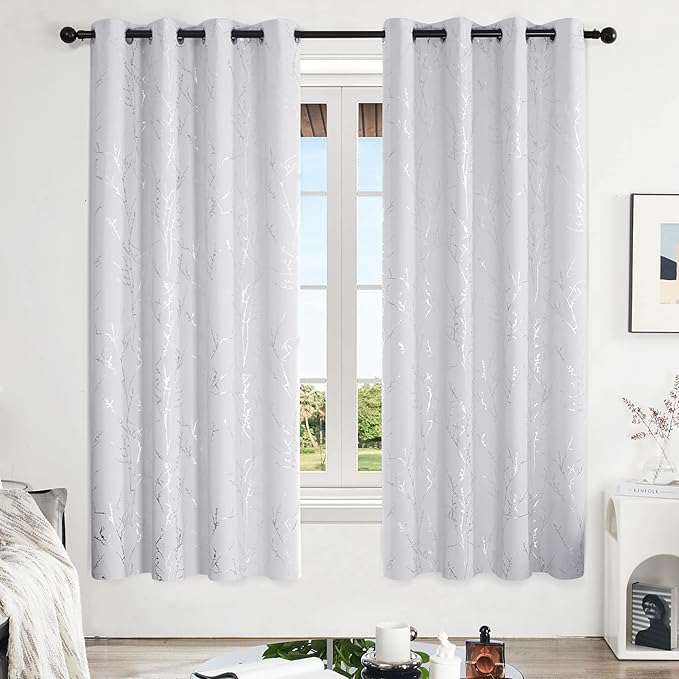 Deconovo Greyish White Curtains, Room Darkening Curtain, Thermal Insulated Soundproof Drapes, Silver Branch Print, 52 x 72 Inch Long, Grommet Window Panels for Living Room Bedroom Nursery, Set of 2