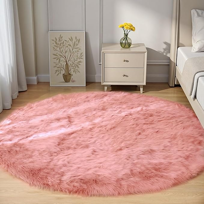 Goolela Pink Round Rug 5ft Circle Fluffy Fuzzy Fur Carpet for Girls Bedroom Living Room Faux Sheepskin Soft Plush Washable