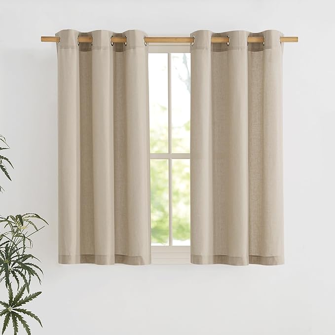 NICETOWN Angora Short Linen Curtains for Kitchen, Thick Flax Small Window Treatments Semi Sheer Privacy Assured with Light Through for Cafe/Bathroom, W42 x L48, 2 Panels