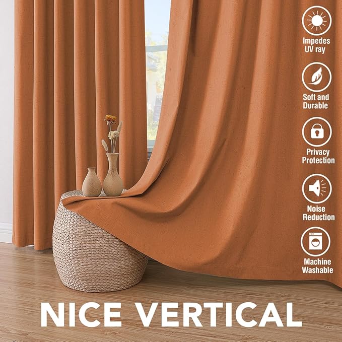 H.VERSAILTEX 100% Blackout Curtains for Bedroom Thermal Insulated Linen Textured Curtains Heat and Full Light Blocking Drapes Living Room Curtains 2 Panel Sets, Orange, 52x63 Inch
