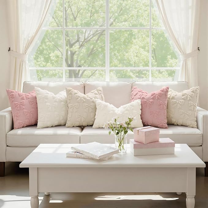 decorUhome Beige Bow Pillow Covers Set of 2 Coquette Aesthetic Cute Preppy Plush Faux Pillowcases for Girly Bedroom or Couch 12x20 Inch