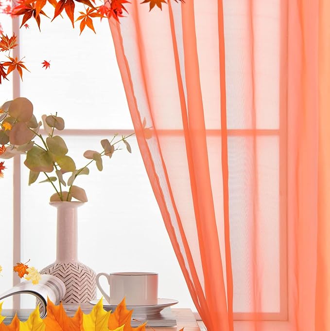 SpaceDresser Basic Rod Pocket Sheer Voile Window Curtain Panels Jaffa Orange 1 Pair 2 Panels 52 Width 90 Inch Long for Kitchen Bedroom Children Living Room Yard(Jaffa Orange,52 W x 90 L)
