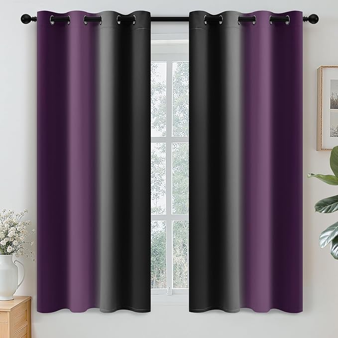 Yakamok Blackout Ombre Purple and Black Curtains for Bedroom, Gradient Room Darkening Curtains, Grommet Thermal Insulated Light Blocking Window Drapes/Curtain for Living Room,52 x 54 Inch,2 Panels