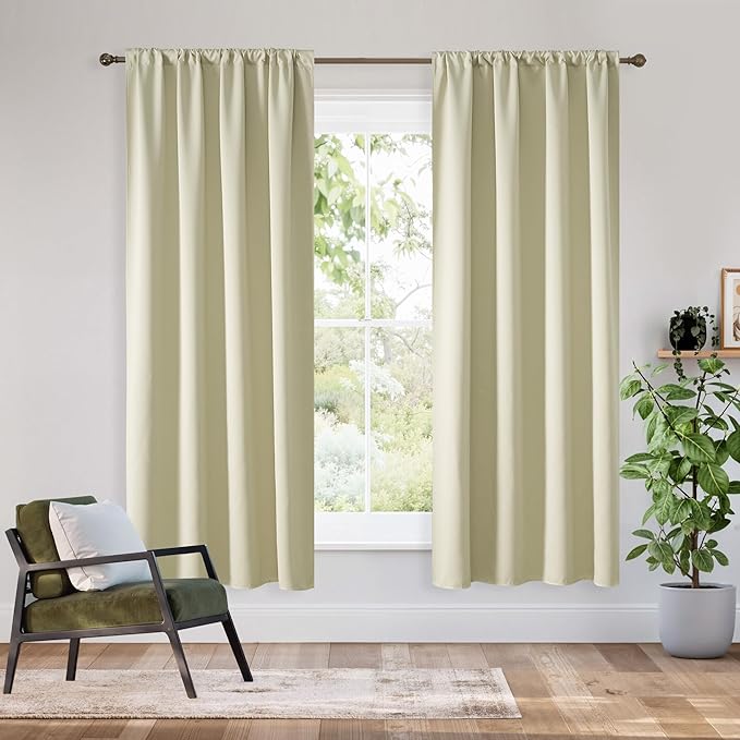 RYB HOME Bedroom Blackout Curtains 72 inches Long, 100% Blackout Thermal Insulated Noise Reducing Curtains for Living Room Nursury, 62 inches Wide by 72 inches Long, Beige