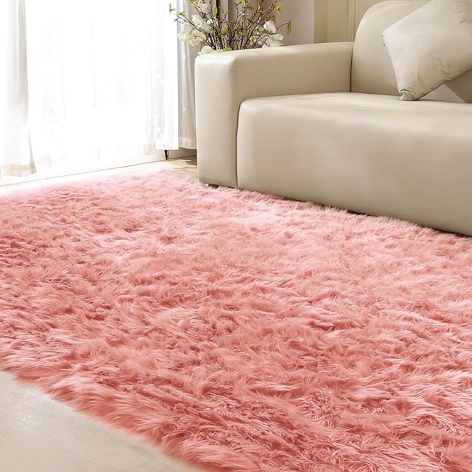 ORINOVA Pink Faux Sheepskin Fuzzy Fur Rugs for Bedroom Washable Shaggy Area Rugs for Living Room 3x5 Nursery Rug