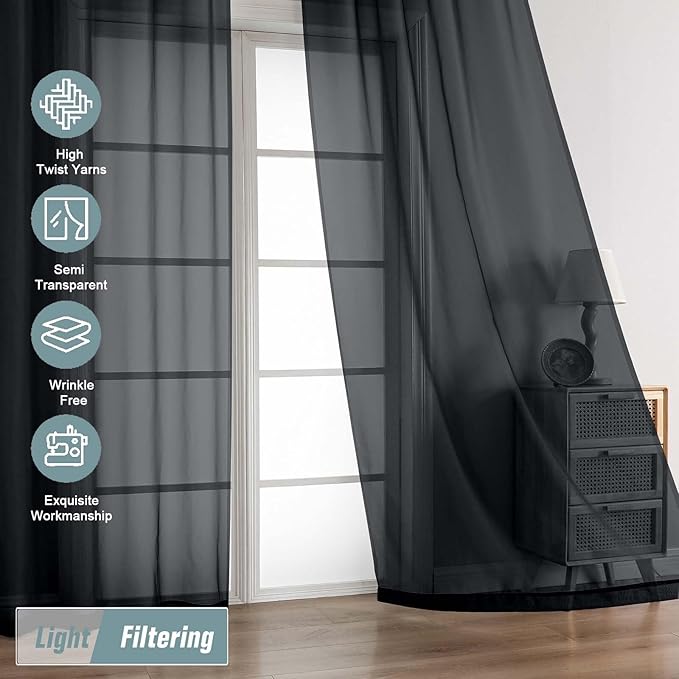 Halloween Black Sheer Curtains for Window 72 inches Long 2 Panels Set, Soft Airy Light Filtering Sheer Curtains for Living Room Bedroom, Dual Rod Pocket Solid Window Drapes, 2x42Wx72L inches