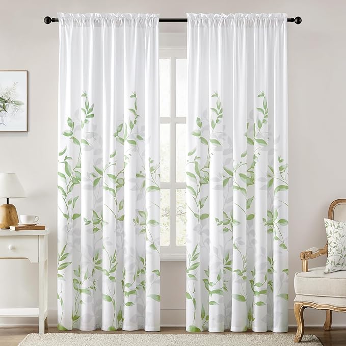 HOMEIDEAS Non-See-Through Sage Green and White Privacy Sheer Curtains 52 X 96 Inches Long 2 Panels, Leaf Floral Printed Light Filtering Semi Sheer Window Curtains Drapes for Bedroom Living Room