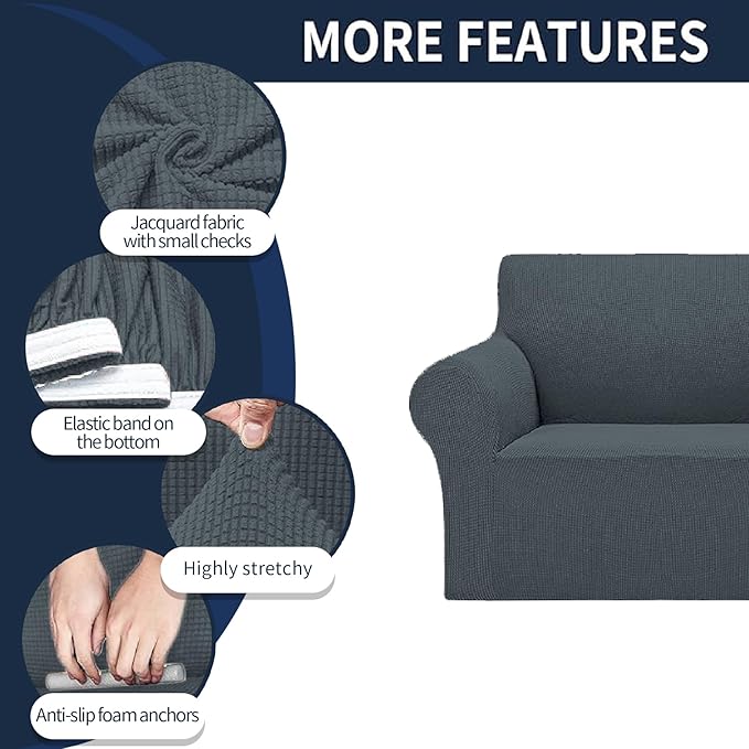Cupuamon 2026 New Stretch Sofa Slipcovers Couch Cover for 3 Cushion Furniture Protector Sofa Covers with Elastic Bottom Jacquard Fabric Small Checks for Pets, Kids -Sofa, Grey