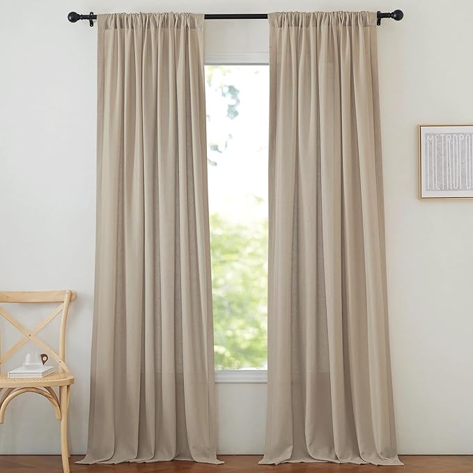 NICETOWN Thick Flax Linen Camel Curtains 108 inches Long, Pinch Pleated Linen Blend Privacy Added with Light Filtering Window Treatments for Living Room/Bedroom, W50 x L108, 2 Panels