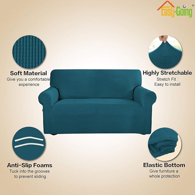 Easy-Going Stretch 4 Seater Sofa Slipcover 1-Piece Sofa Cover Furniture Protector Couch Soft with Elastic Bottom for Kids, Polyester Spandex Jacquard Fabric Small Checks Peacock Blue