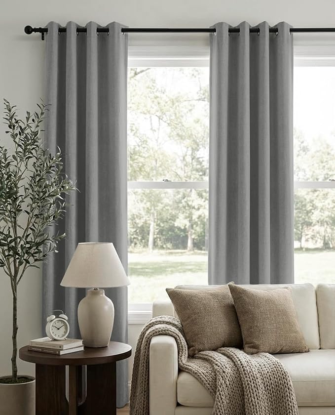 100% Blackout Shield Total Blackout Curtains Faux Linen Textured Thermal Insulated Grommet Singal Layer Window Curtains for Bedroom/Living Room(50"W x 63"L, 2 Panels, Gray)