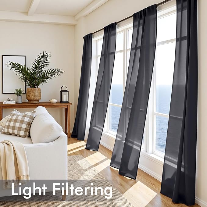 MIULEE Black Sheer Curtains 90 Inches Long, 4 Panels Set, Light Filtering Halloween Rod Pocket Voile Drapes for Living Room and Bedroom, Airy Soft Fabric Window Treatments, 42 x 90 Inches
