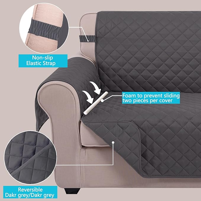 U-NICE HOME Reversible Oversized Chair Covers Quilted Water Repellent Pet Protectors with Elastic Straps(28''Armchair, Dark Grey/Dark Grey)
