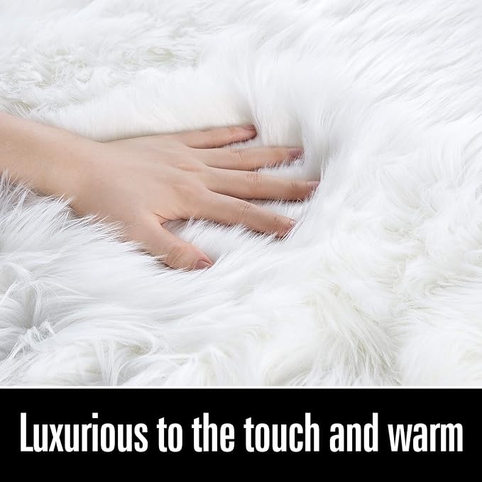 LOCHAS Soft Fluffy Faux Fur Rugs for Bedroom Bedside Rug 4x6 Feet, Washable, Furry Sheepskin Area Rug for Living Room Girls Room, Luxury Shag Carpet Home Decor, White