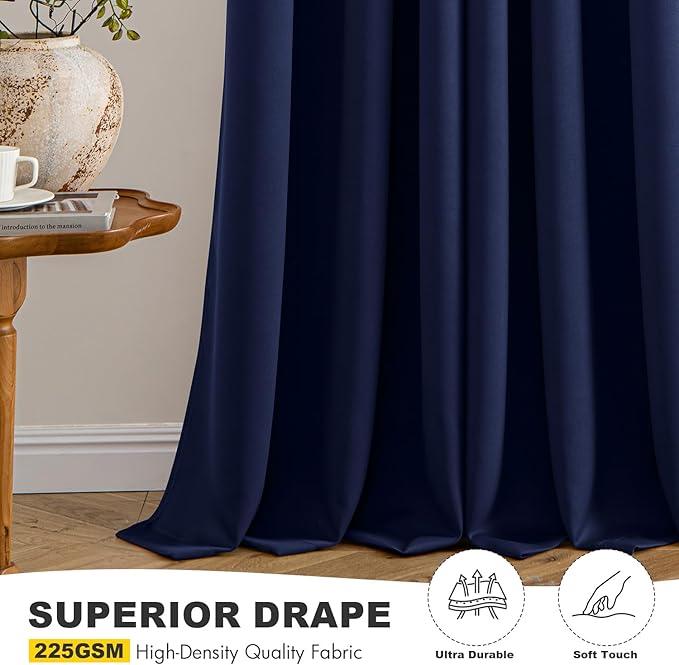 MIULEE Navy Blue Blackout Curtains for Bedroom Living Room 64 Inches Long 2 Panels, Thermal Insulated Room Darkening Drapes Solid Grommet Noise Reducing Light Blocking Window Treatments 40x64 Inch