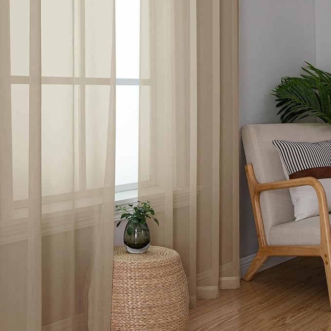 OWENIE Taupe Sheer Curtains 90 Inches Long for Bedroom Living Room 2 Panels Set, Rod Pocket Solid Taupe Curtains, Soft Touch Elegant Voile Curtains & Drapes for Nursery, 42"x90", 2 Pcs