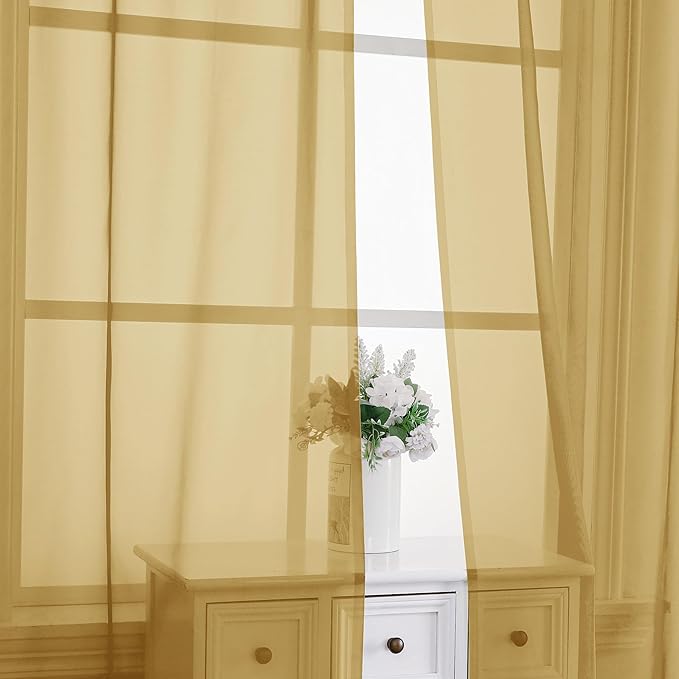 Chyhomenyc Gold Sheer Curtains 63 Inches Long 2 Panels, Light Filtering Bright Lightweight Curtains for Living Room, Soft Gentle Voile Rod Pocket Bedroom Window Drapes, 59Wx63L Inch, 2PCS