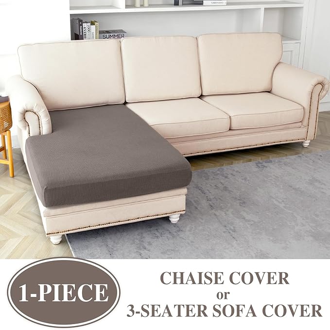 Couch Cushion Cover Chaise Lounge Cover Washable Separate Seat Chaise Couch Cover Stretch Sectional Sofa Slipcover(1 Piece for Chaise or Sofa 3-Seater, Taupe)